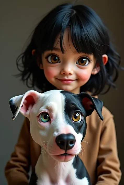 A black-haired girl with white skin is  and is smiling looking at the camera with a pitbull dog with spots that has an eye patch and a light blue eye and a green eye the dog the girl has brown eyes