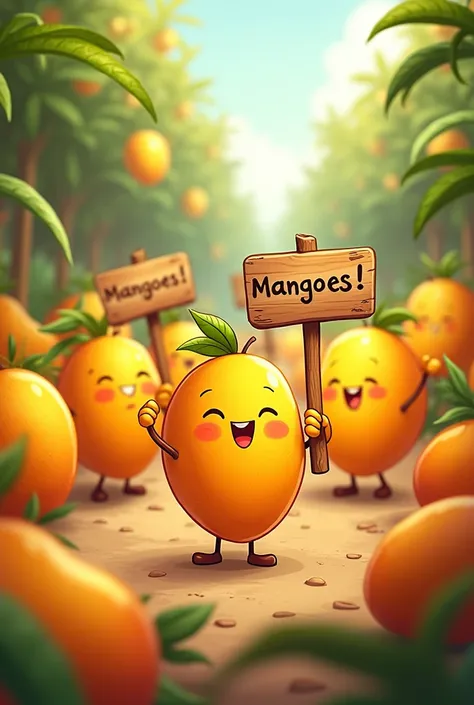 Generate an image of some mangoes saying that with a sign 