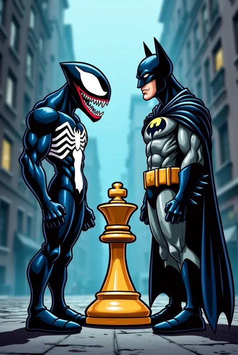 Venom cartoon next to Batman with a chess piece in the middle