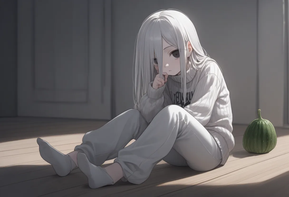 Sadako Yamamura, (chibi index: 0.9), black eyes, pale skin, short, small, flat-chested, pretty, wearing a large black knitted sweater with a high collar, baggy dark gray cargo pants with roomy patch pockets, sitting on the floor in a very dark room without...