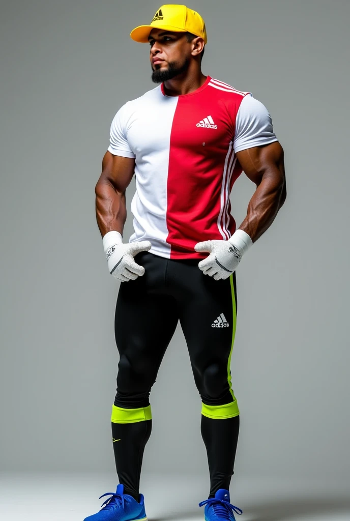 Muscular Latino man , black race, He wear white and red Adidas soccer t-shirt. He has a yellow cap and blue sneakers . He has black and fluorescent green Adidas long pants . He wears white Adidas gloves . He take his bulge in his pants. very muscular, well...