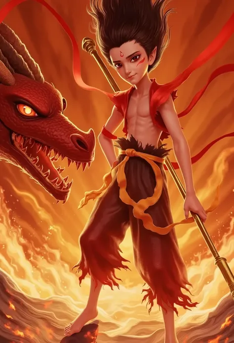 This image is a highly detailed CGI illustration depicting an intense moment between a young boy and a large dragon. The scene is set against a fiery, reddish-orange background, with swirling, abstract shapes and glowing embers adding to the dramatic atmos...