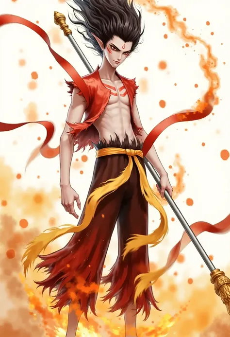 This is a digital artwork in an anime style, featuring a male character with an ethereal and intense appearance. The subject has long, dark, flowing hair that is almost wild, with streaks of orange and yellow, suggesting a supernatural or mystical element....