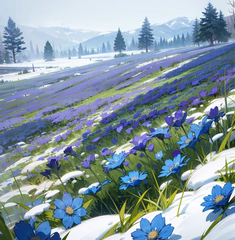 Field of blue flowers in the snow 4k
