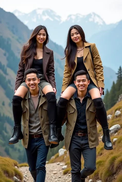 Two young female students wearing expensive modern clothes and expensive over knee high heel boots are being carried on the mountain on backs of two villagers portera.