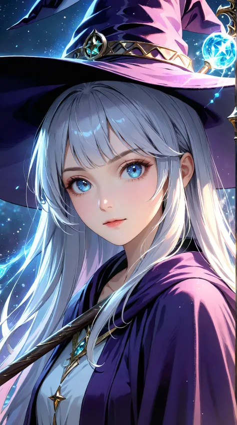 ((Extreme close-up, Face-focused portrait)) (masterpiece, best quality, high resolution), 1girl, solo, sorceress, witch, long flowing robe, magic hat, glowing magic staff, mysterious aura, sparkling particles, looking at viewer, soft lighting, ethereal glo...