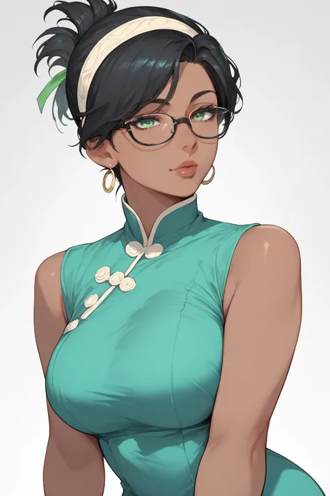 Mature woman, dark skin,short hair ,green eyes, Blue dress,, glasses, green eyes,Hair brushed back, Black hair,Anime style Straight hair ,headband 