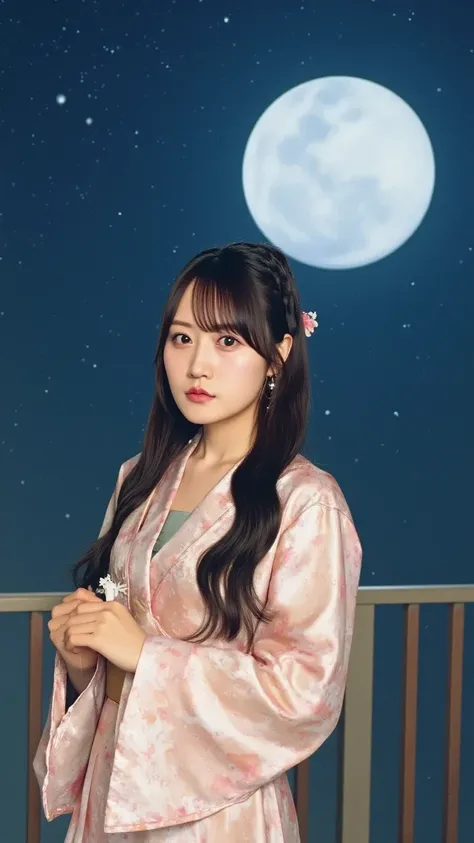 "A graceful depiction of Princess Kaguya from The Tale of the Bamboo Cutter, standing under a full moon with a soft, ethereal glow. She wears an elegant, flowing silk kimono in shades of soft pink and gold, adorned with delicate cherry blossom patterns. He...