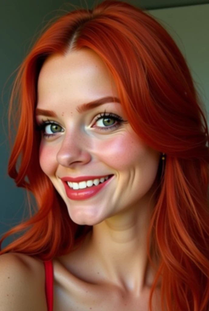 Best quality, masterpiece, ultra-high resolution, (photorealistic: 1.5), face photo, focusing on face and facial realism Beautiful Brazilian girl with red hair with sexy face, wide face and big cheeks charming girlish smile 20 years old