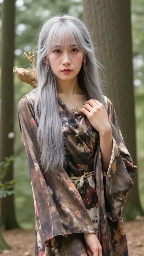 "A mysterious and powerful depiction of Yamauba, the mountain witch from Japanese folklore, standing in a misty forest with towering ancient trees. She has long, wild silver hair and piercing golden eyes. She wears a weathered kimono with earth-tone colors...