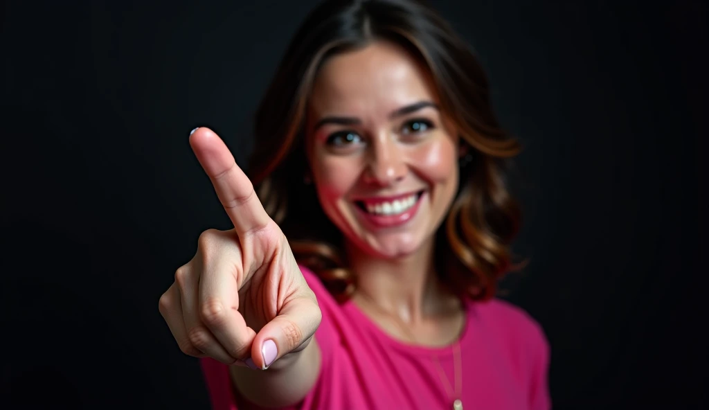 a photo of a beautiful woman smiling pointing to the left with her finger in a pink top with a dark background