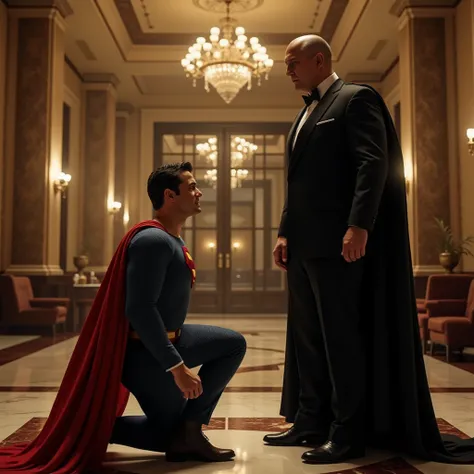 Superman kneels front of Lex and begs for mercy. Lex stands and looks him angry with red shining eyes .Lex is bald and wearing a tuxedo. in the Hilton Hotel Lobby