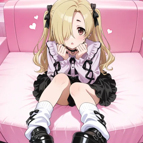 masterpiece, best quality, amazing quality, anime screencap. BREAK. idolmaster, idolmaster cinderella girls, shirasaka koume, 1girl, alternate hairstyle, alternate hair length, asagi666c, black nails, blonde hair, blush, bow, brown eyes, hair bow, hair ove...