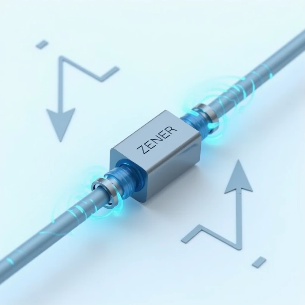 A detailed, high-definition image of a Zener diode, presented in varying shades of blue. The diode should be prominently displayed against a plain, light white background, ensuring maximum focus on the component itself. Showcase the diode's physical struct...