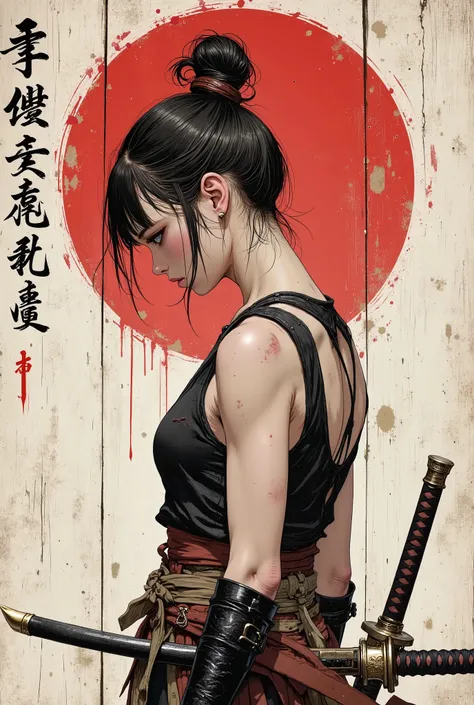 Young Asian samurai girl. He looks down seriously. Side view. The body is effectively curved .Shoulders are thrown back. The arms are loosely lowered along the body. The head is slightly turned towards the viewer. Very dark hair, gathered in a high, carele...