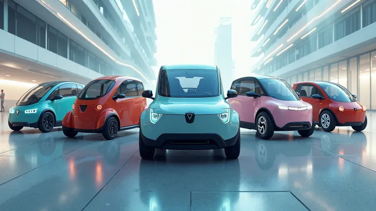 Generate a collage of 5 different styles of futuristic mini EVs in one picture.