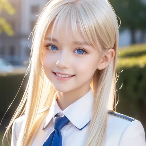  portrait 、 school uniform、 bright expression 、 ponytail、 Young, shiny, shiny white shiny skin 、Great looks、Blonde reflection、Platinum blonde hair with highlights、 shiny bright hair ,、Smooth, super long, straight hair、Shiny, beautiful bangs、 Radiant Crysta...