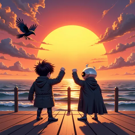 Please draw an anime art painting in a surreal style, with a dock overlooking the ocean with a huge sunset about to set, the backs of a chibi-style evil leader and a robot created by him raising their fists towards the sunset, the sunset drawn large while ...