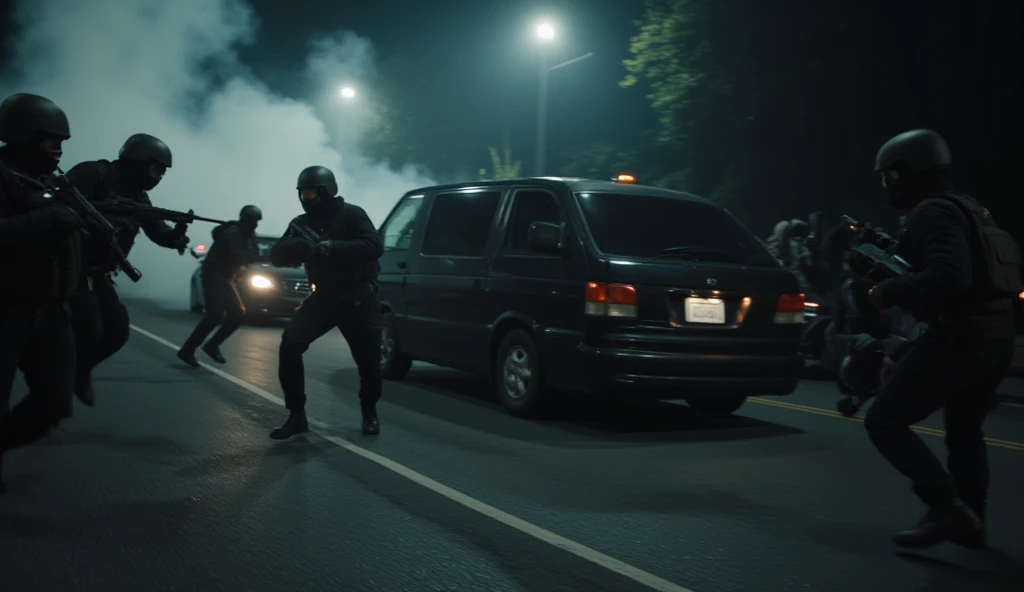 black van swerves in front of the convoy, forcing it to screech to a halt.  
- Masked figures in tactical gear emerge from the shadows, armed with assault rifles and smoke grenades.  