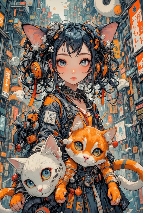 (High Definition, masterpiece, Accurate, top quality, High Definition model, high detail, (((The textures are soft))), ((matte and toy-like with a handmade premium look)), (((Tim Burton style))), A girl walking with a cat on the streets of Shibuya, best qu...
