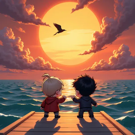 Please draw an anime art painting in a surreal style, with a dock overlooking the ocean with a huge sunset about to set, the backs of a chibi-style evil leader and a robot created by him raising their fists towards the sunset, the sunset drawn large while ...