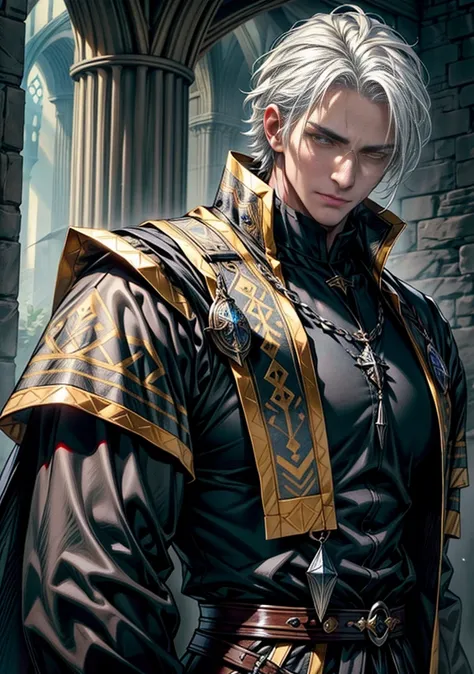 (best quality, high resolution, 4k, masterpiece), Create an image of a handsome man with white hair and intense yellow eyes, (detailed eyes: 1.1), looking at you, medieval fantasy clothing, stylish clothing, beautiful clothing, medieval fantasy.