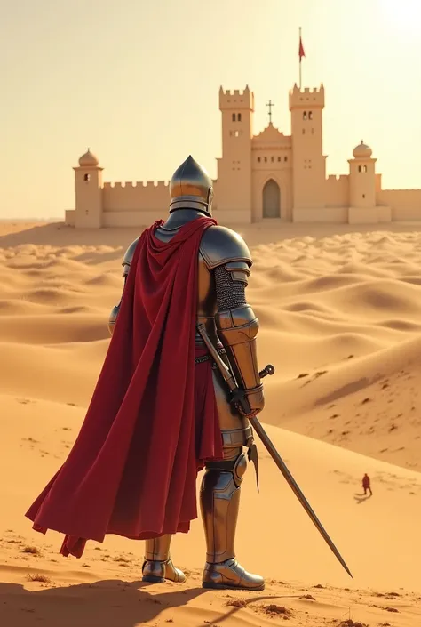 Create the image of a Knight Templar in the desert ,  this Knight Templar is looking at an enemy city closed and with walls around it.  Above the walls are enemy guards with arrows and swords in their hands .  This Knight Templar is alone outside the city ...