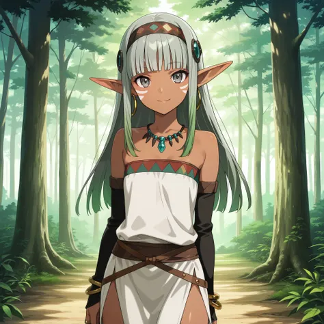 masterpiece, best quality, amazing quality, anime screencap. BREAK. 1girl, solo, jewelry, pointy ears, earrings, dark skin, dark-skinned female, smile, detached sleeves, facial mark, necklace, looking at viewer, grey hair, bare shoulders, hoop earrings, tr...