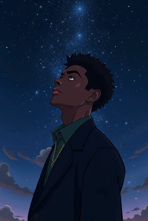 I male cool black guy starzing at the sky with stars it should be a anime