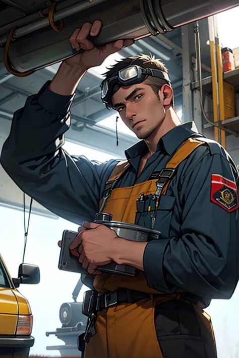 (greasy 33 yo Polish Sierzant/Sergeant first class mechanic with welding goggles on head) working on (a yellow Toyota Hilux), alternate future World War 3, nuclear punk,