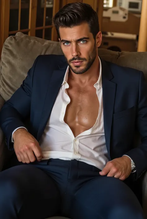 A handsome and muscular man stripping off his navy suit and white shirt, while sitting on a couch, sweaty body, blue eyes