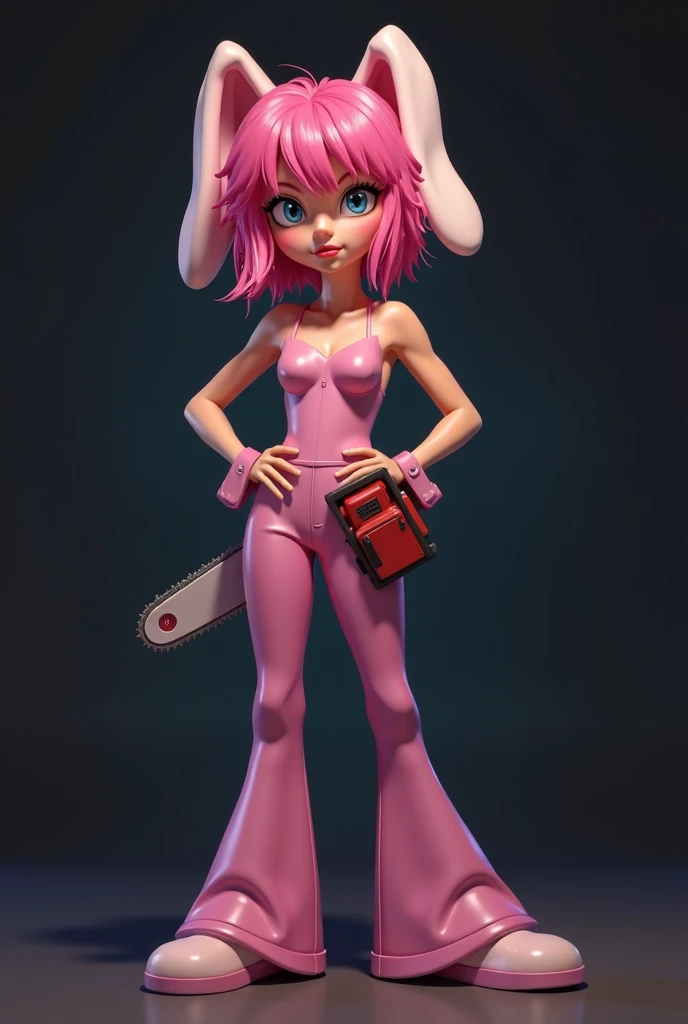 A stylized human ager, with expressive features and a touch of mystery. Her hair is short and vibrant pink, with bangs falling gently over her large eyes, that resemble the characters of Baby Looney Tunes - bright, rounded and full of life. Her bunny ears ...