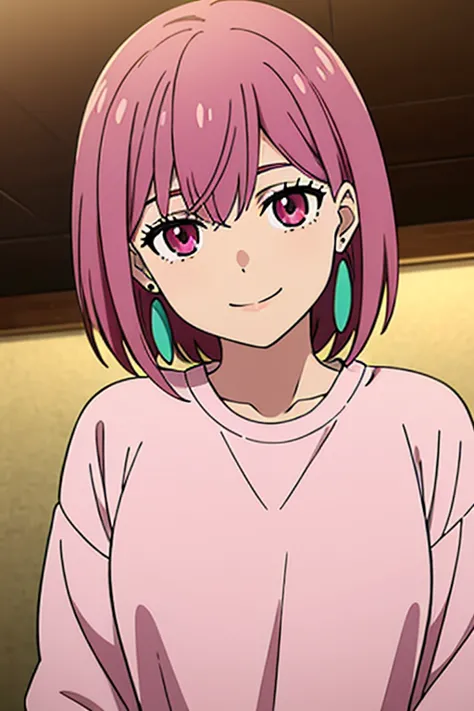 Young girl, short purple hair, pale skin, pink eyes, large oval turquoise earrings, smile, white shirt with pink sweater over it, high quality, master piece, anime style.