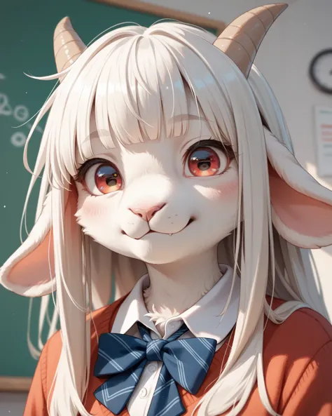 school girl , furry female goat , geek , Introvert , long hair , bangs on eyes