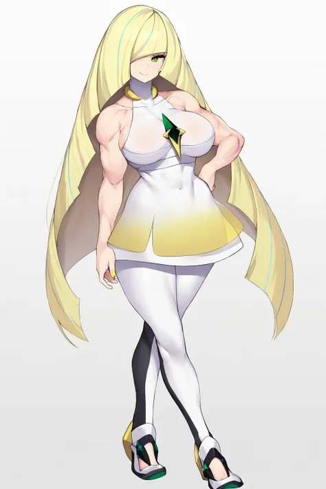 masterpiece, best quality, good quality, absurd res, high res, solo, lusamine (pokemon), pokemon, human, mammal, female, multicolored hair, blonder hair, blue hair, very long hair, streaked hair, hair over one eye, green eyes, empty eyes, dot nose, closed ...