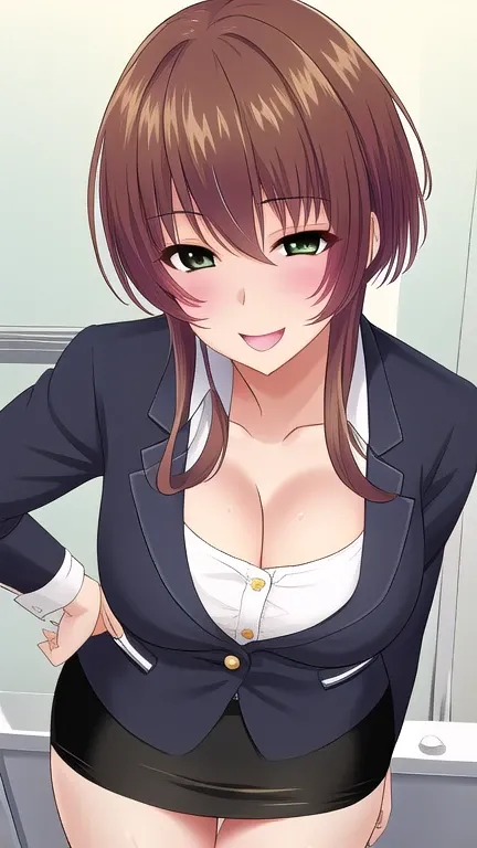   erotic、Satou Miku /Onee-san x Shuffle!、 shiny hair、brown hair pixie cut、 brown hair、Big Breasts, cleavage、  alone, business suit、 jacket、teacher、 pencil skirt,Evil Background、  top quality,  detailed face,  detailed eyes,  Hi-Res, Smile、 dye her cheeks r...