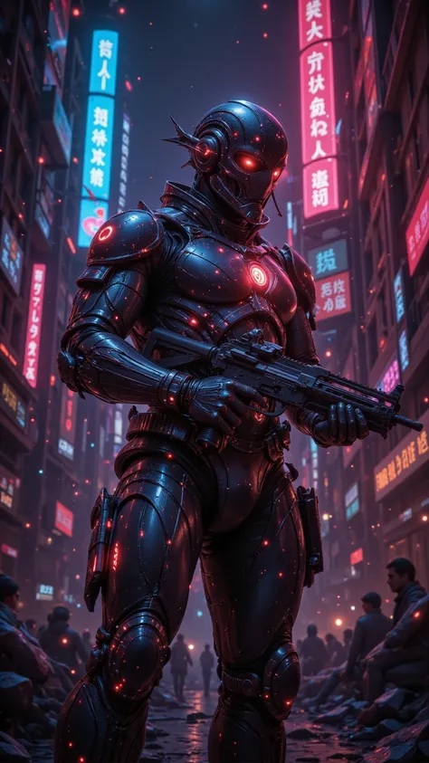 一名未來主義機甲戰士拿著強大的槍， Surrounded by Neon and Debris ， A Futurist Mechanic Warrior Holding a Powerful Gun in an Industrial Style and Cyberpunk Atmosphere ，Detailed Presentation ， Made by Hajime Sorayama on ArtStation ， Popular ，8k resolution