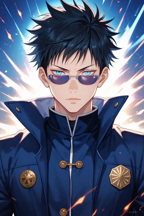 Anime-style illustration of a young  boy with messy black hair and glowing, radiant blue eyes that exude mystery and power, resembling the eyes of Satoru Gojo from Jujutsu Kaisen. The boy is wearing a modern, slightly futuristic outfit, featuring a sleek j...