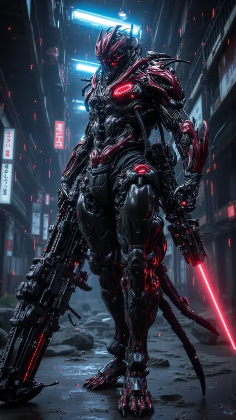 A FUTURISTIC MECHANIC WARRIOR HOLDING A POWERFUL GUN， Surrounded by Neon and Debris ， A Futurist Mechanic Warrior Holding a Powerful Gun in an Industrial Style and Cyberpunk Atmosphere ，Detailed Presentation ， Made by Hajime Sorayama on ArtStation ， Popula...