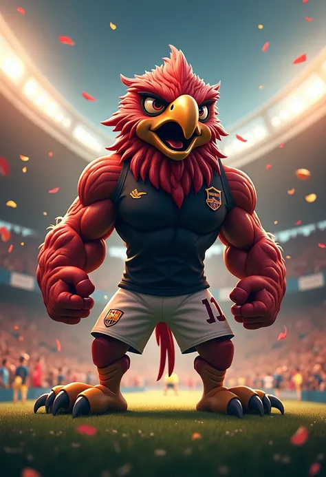  Create an animation Intense of a soccer team mascot with a head Of a Hawkeye ,  highlighting striking features such as a curved beak ,  penetrating eyes and creepy feathers that reinforce his ferocity .  He wears a black jersey with burgundy red details ,...