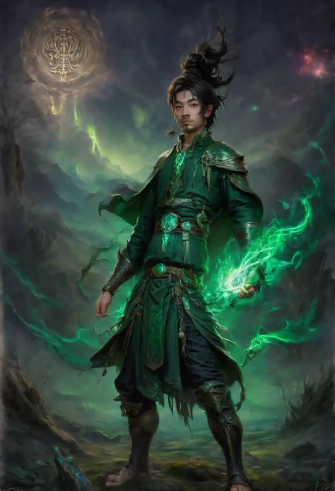 The character would be a halfling of the dark suns with tanned skin,  with dark hair,  but slightly gray at the tips ,  giving a feeling of worn out by time and the traumas he faced .  His eyes are deep and intense green , almost luminous ,  reflecting the...