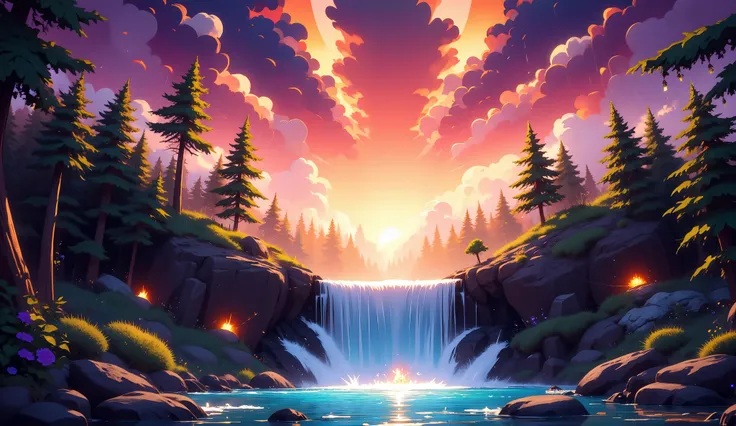 I want a cartoon-style wallpaper on a waterfall in the middle of the forest at sunset and raining fire in the sky 