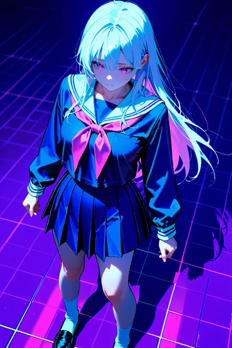 748cmstyle, 1girl, pleated skirt, blue theme, pink neckerchief, white hair, standing, long hair, school uniform, tile floor, sailor collar, long sleeves, white socks, serafuku, purple theme, tiles, arms at sides, from above, blue skirt, limited palette, ma...