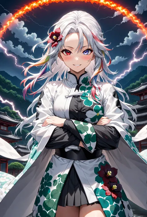 Ultra detailed, highres, absurdres, HDR, master piece, demon slayer, long white hair, expressive red/blue heterochromia eyes, white haori with black orchid patterns, black demon slayer uniform, Kimetsu No Yaiba, fantasy, beautiful, sexy woman, solo, best q...