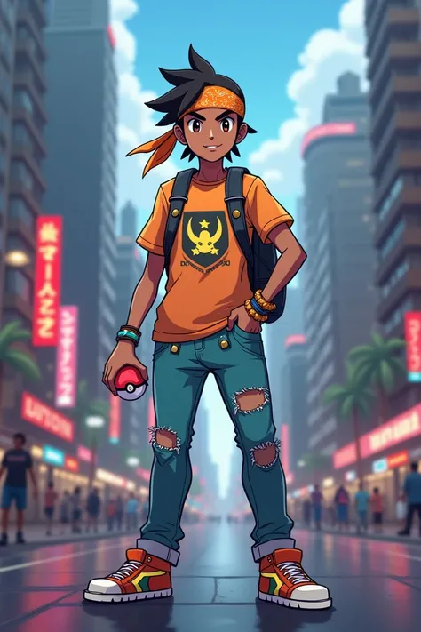 Make an Indian Pokemon trainer in a skater outfit with a bandana on his forehead 