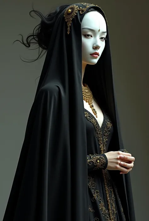 a  mysterious maiden wearing a black and white robe with golden accessories, a white porcelain mask covers her whole face and a black veil covering her hair