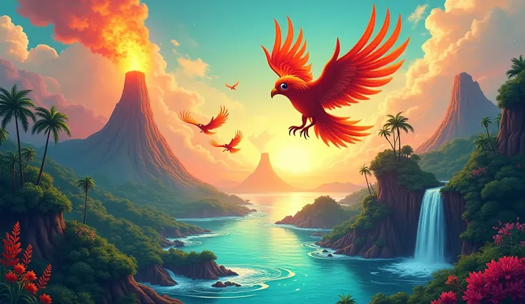 cartoon style wallpaper with fire elements, waterfalls and volcanoes on an island with flying firebirds