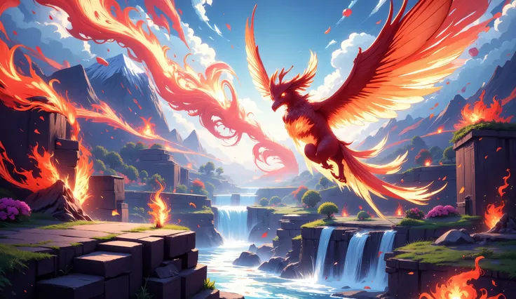 cartoon style wallpaper with fire elements, waterfalls and volcanoes with flying firebirds