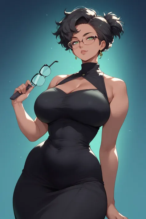 Mature woman, dark skin,short hair ,green eyes, Black dress,, glasses, green eyes,Hair brushed back, Black hair,Anime style,,pixie hair