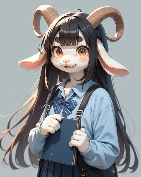 school girl , furry female goat , geek , Introvert , long hair , bangs on eyes